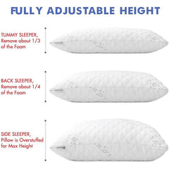 Bed Pillow Queen Size Cooling Luxury Hotel Quality, Adjustable Removable Precision Cut Memory Foam Pillow Side Back Tummy Sleeper Bamboo Cover
