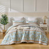 Halloween 3Pcs Queen Size  of Blue Floral Patchwork Farmhouse Comforter Set, Gladiolus Blue Floral Quilt Set, Urban Outfitters Boho Medallion Panited Microfiber Bedding Set with Pillowcases for All Season Twin Queen King Home Decor Christmas Gift