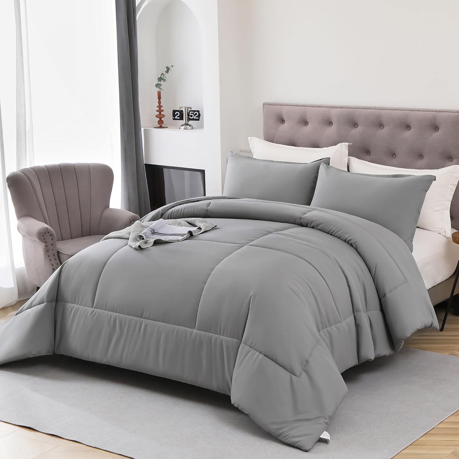 Queen Grey Down Comforter All Season Bedding Queen Duvet Insert   Ultra Soft 100% Microfiber Polyester  1 Duvet Insert and 2 Pillow Shams