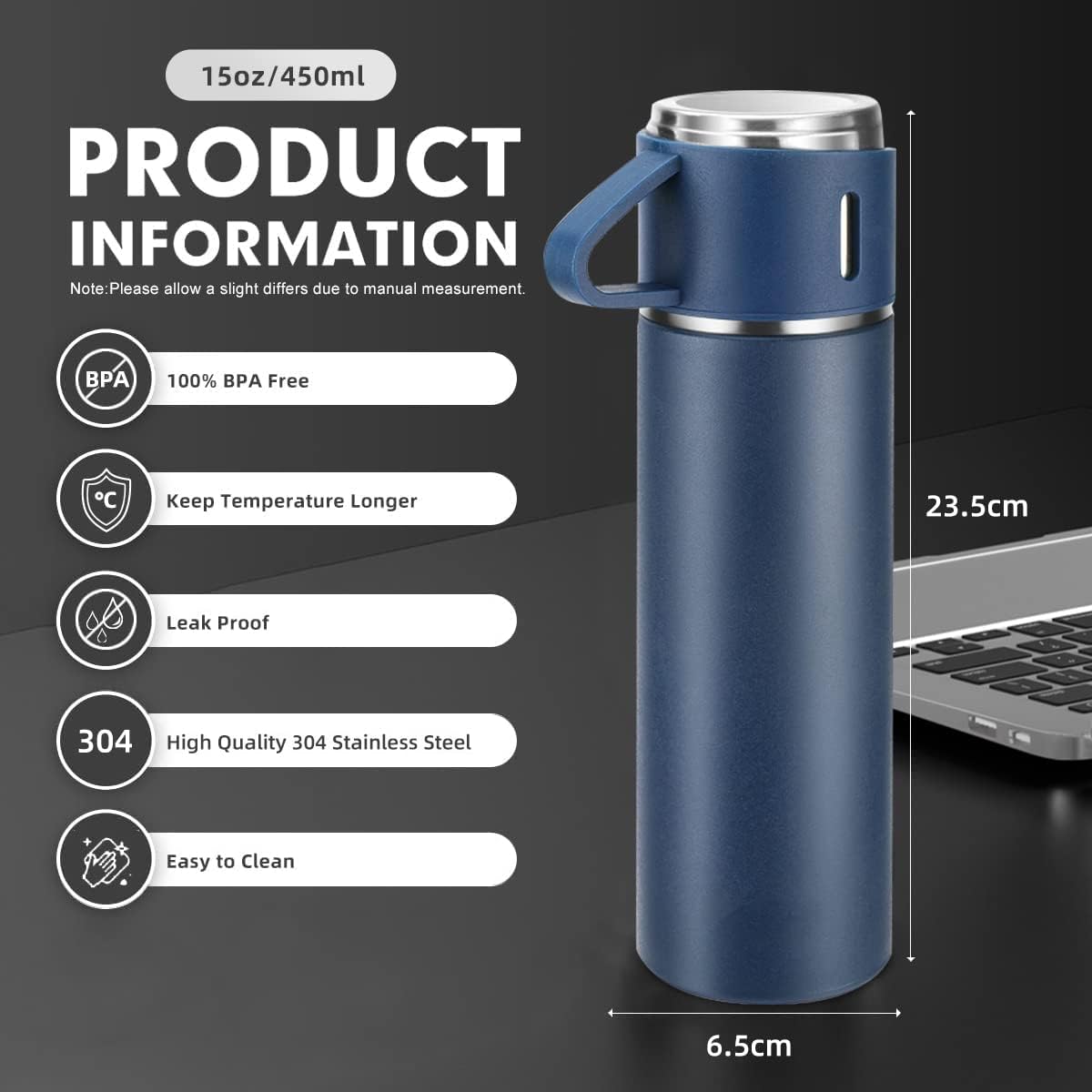 3PCS Blue Vacuum Flask Set 480ml 16oz Insulated Water Bottle with Extra 2 Cup Lids Set Outdoor Travel Thermal Cups for Hot and Cold Beverages Summer Winter Drinkware Halloween Gift