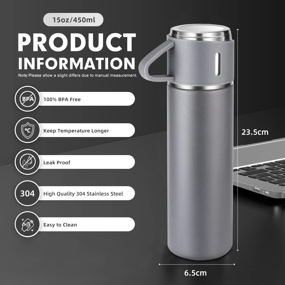 3PCS Gray Vacuum Flask Set 480ml 16oz Insulated Water Bottle with Extra 2 Cup Lids Set Outdoor Travel Thermal Cups for Hot and Cold Beverages Summer Winter Drinkware Halloween Gift