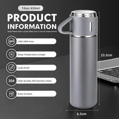 3PCS Gray Vacuum Flask Set 480ml 16oz Insulated Water Bottle with Extra 2 Cup Lids Set Outdoor Travel Thermal Cups for Hot and Cold Beverages Summer Winter Drinkware Halloween Gift