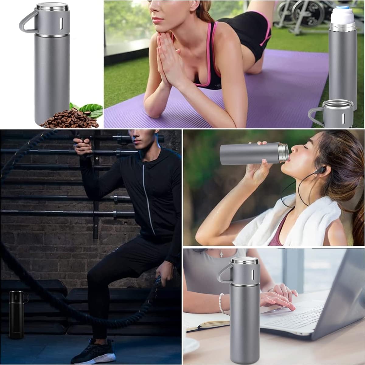 3PCS Gray Vacuum Flask Set 480ml 16oz Insulated Water Bottle with Extra 2 Cup Lids Set Outdoor Travel Thermal Cups for Hot and Cold Beverages Summer Winter Drinkware Halloween Gift