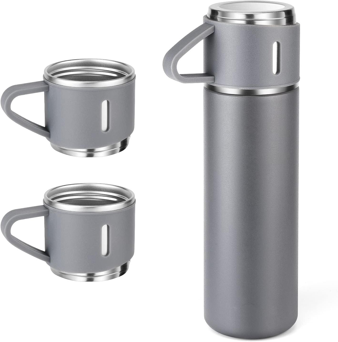 3PCS Gray Vacuum Flask Set 480ml 16oz Insulated Water Bottle with Extra 2 Cup Lids Set Outdoor Travel Thermal Cups for Hot and Cold Beverages Summer Winter Drinkware Halloween Gift