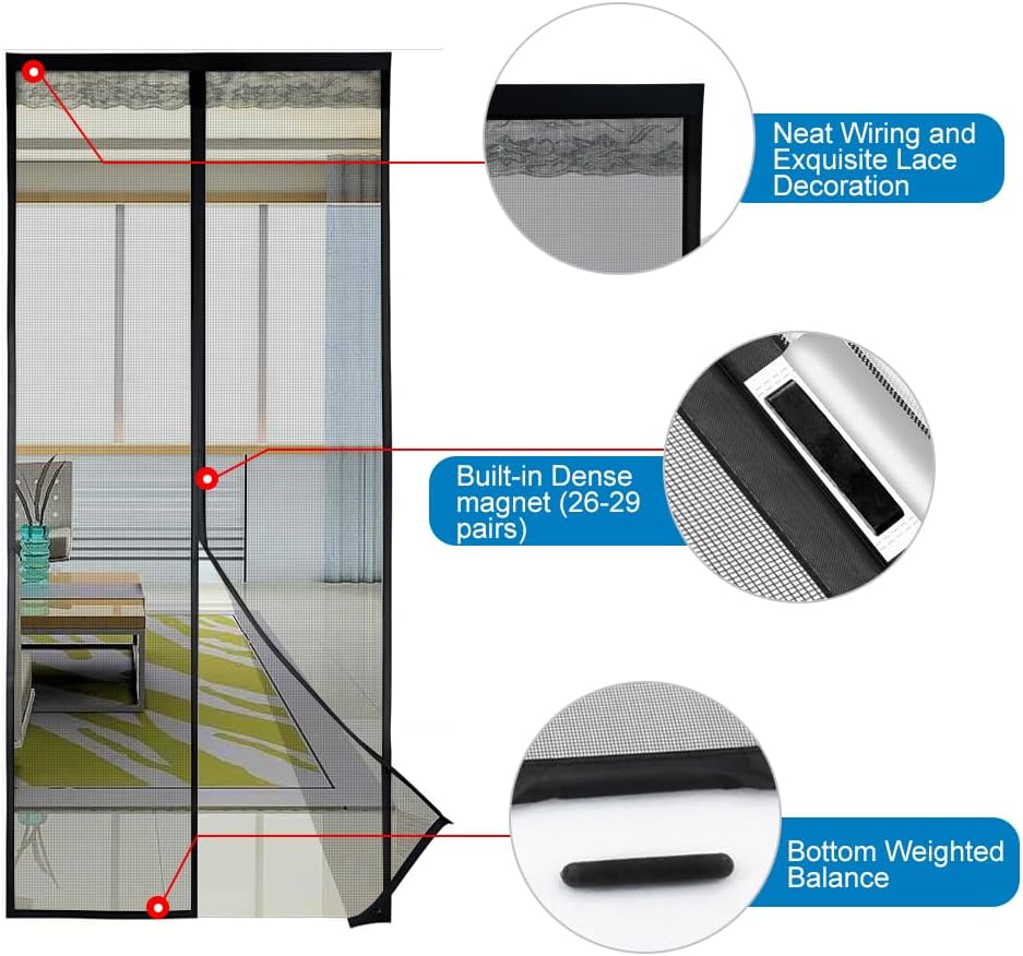 Shatex Updated Fiberglass Magnetic Screen 32in x96in Magnetic Screen Door, Heavy Duty Mesh Curtain for Sliding Door, Self Closing Sealingly Tightly,Pets Kids Friendly, Black