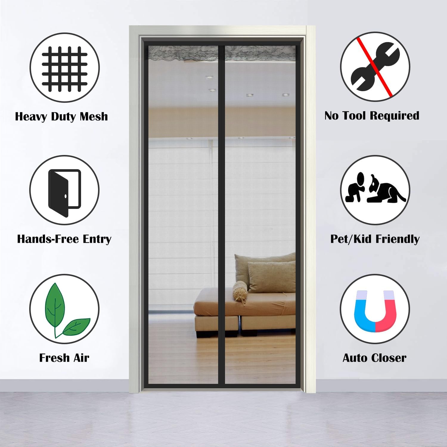 Shatex Updated Fiberglass Magnetic Screen 32in x96in Magnetic Screen Door, Heavy Duty Mesh Curtain for Sliding Door, Self Closing Sealingly Tightly,Pets Kids Friendly, Black