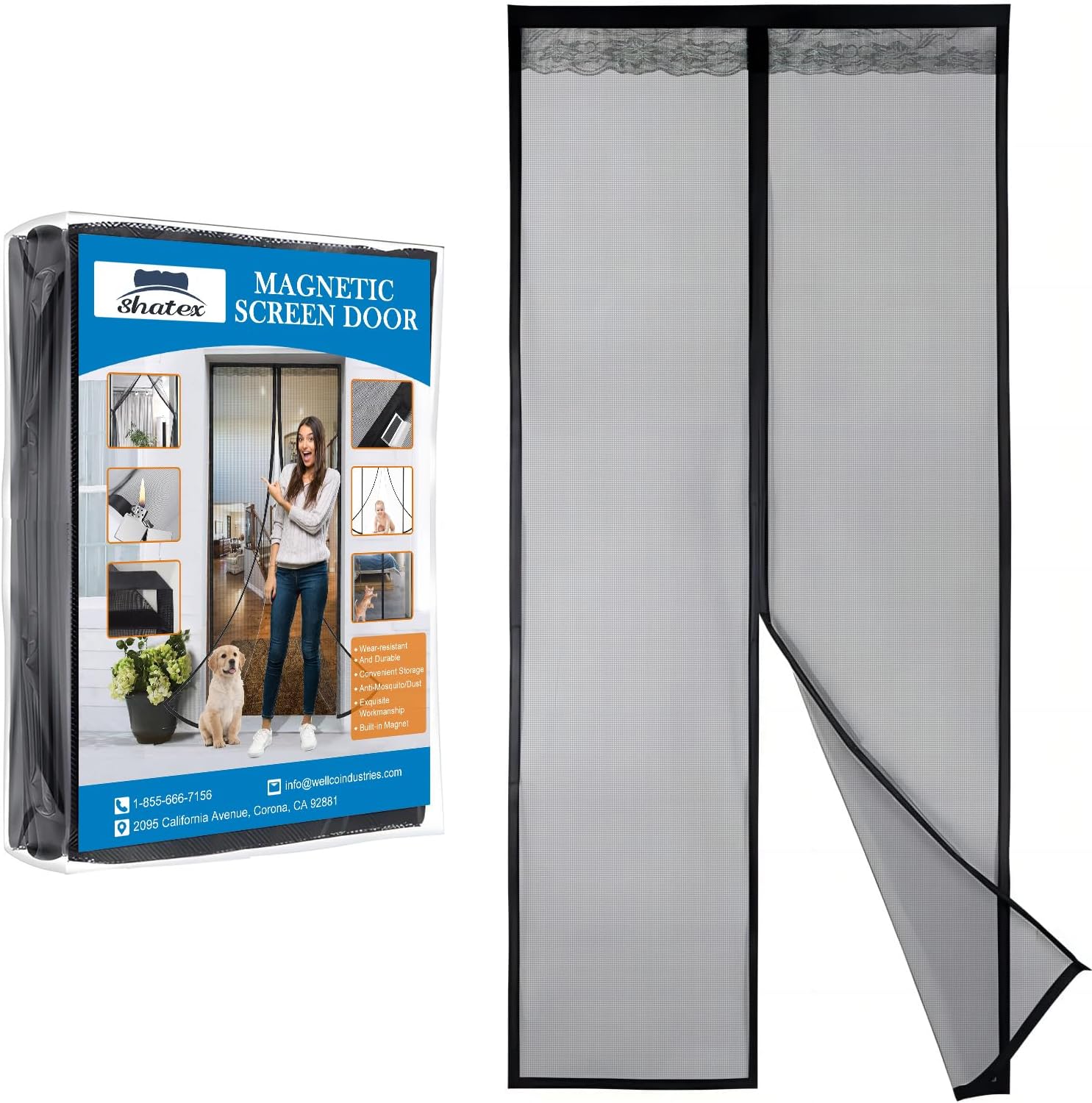 Shatex Updated Fiberglass Magnetic Screen 32in x96in Magnetic Screen Door, Heavy Duty Mesh Curtain for Sliding Door, Self Closing Sealingly Tightly,Pets Kids Friendly, Black