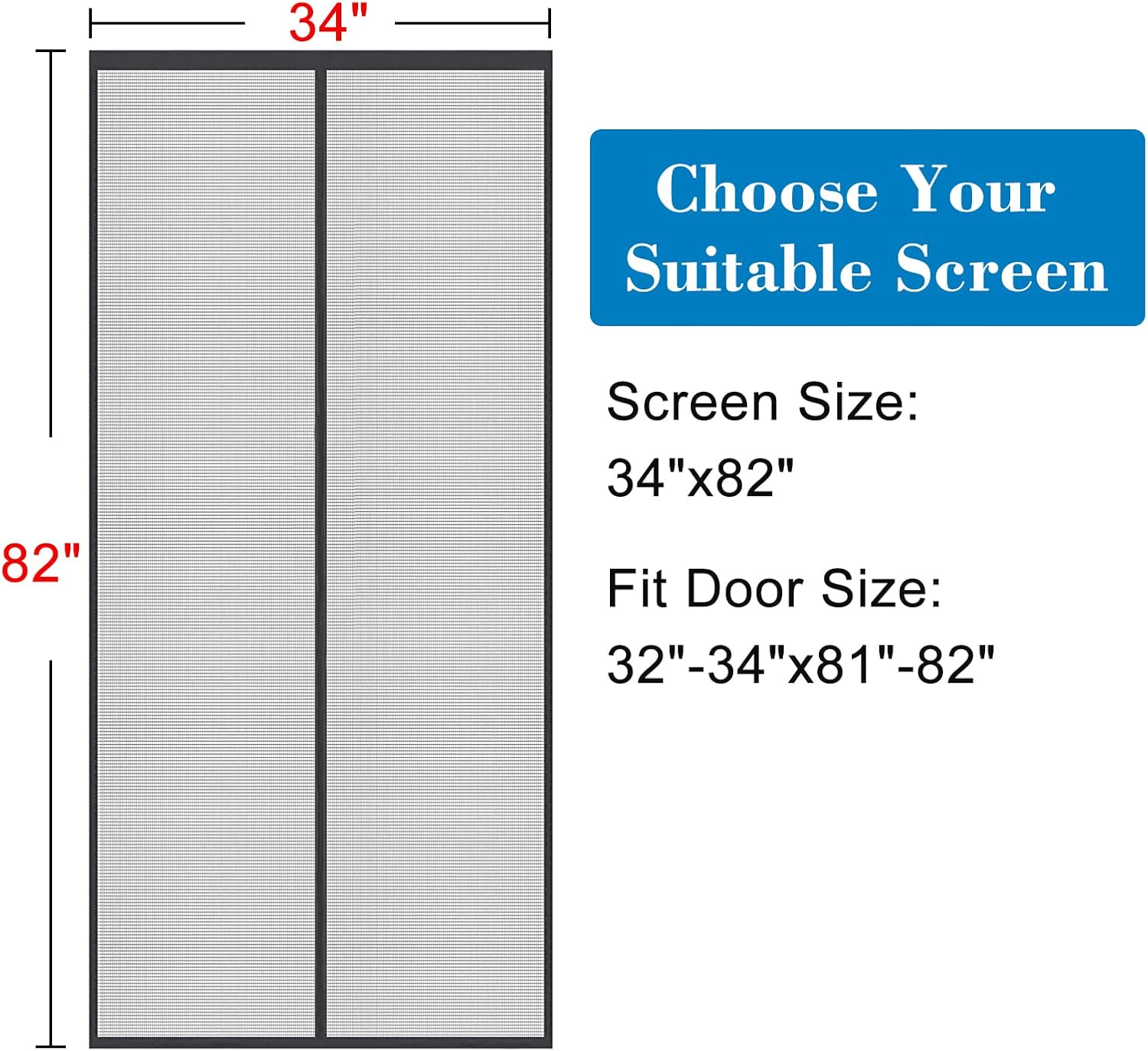 Shatex Magnetic Screen Door 34 in x82 in Fiberglass Screen Door Mesh, Heavy Duty Mesh Curtain for Sliding Door, Pets and Kids Friendly, Black