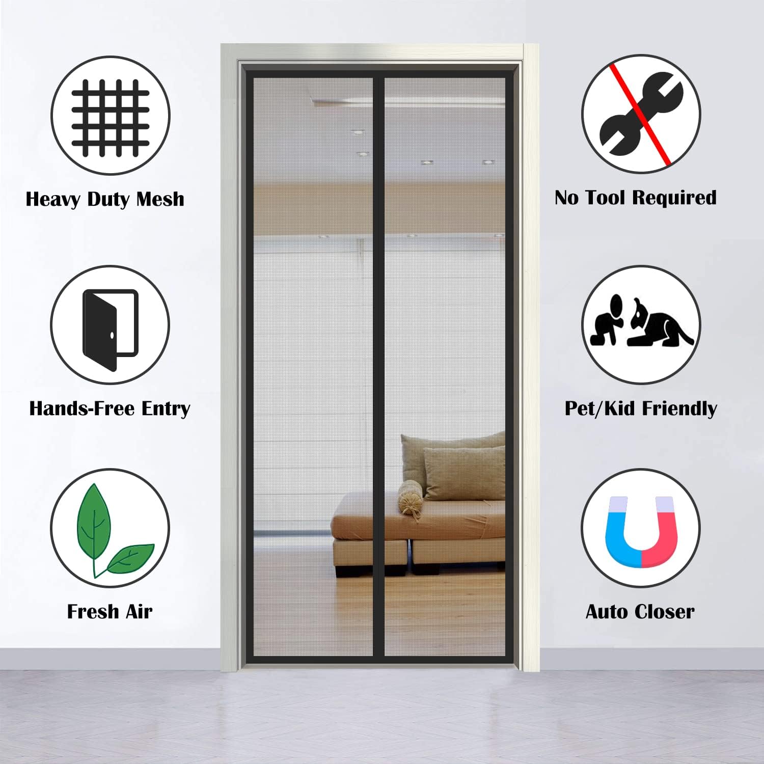 Shatex Magnetic Screen Door 34 in x82 in Fiberglass Screen Door Mesh, Heavy Duty Mesh Curtain for Sliding Door, Pets and Kids Friendly, Black