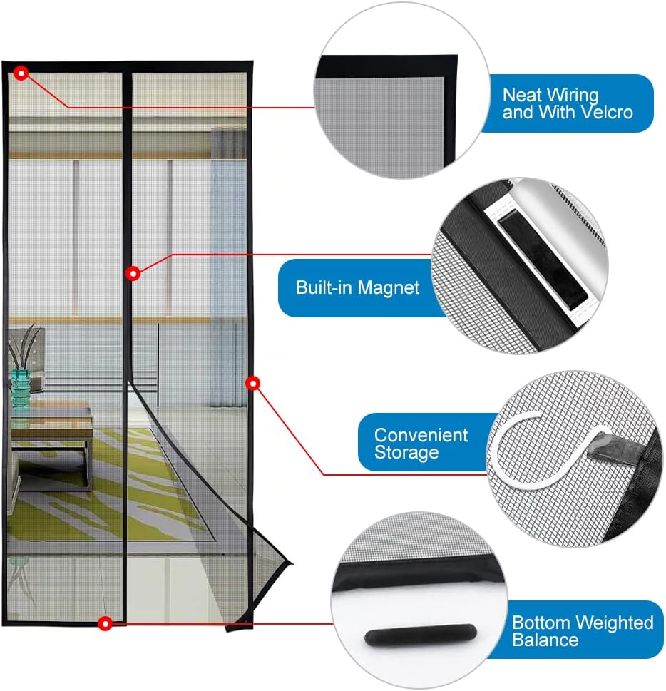 Shatex Magnetic Screen Door 36 in x 82 in Fiberglass Screen Door Mesh, Heavy Duty Mesh Curtain for Sliding Door, Pets and Kids Friendly, Black