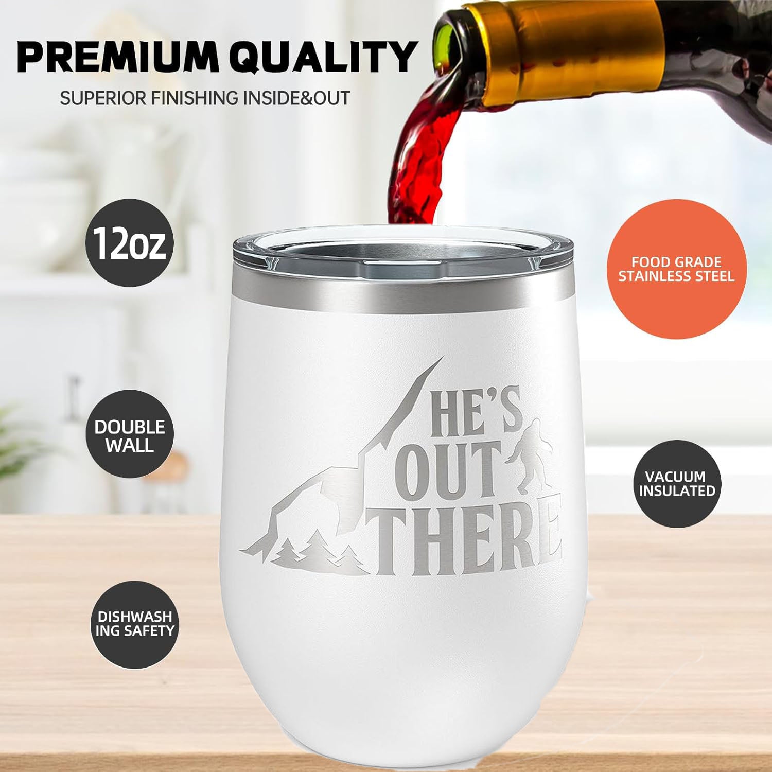 12oz White Wine Tumbler Stainless Steel Double Wall Vacuum Insulated Wine Glass with Lid He is Out There Engraved Camp Cup