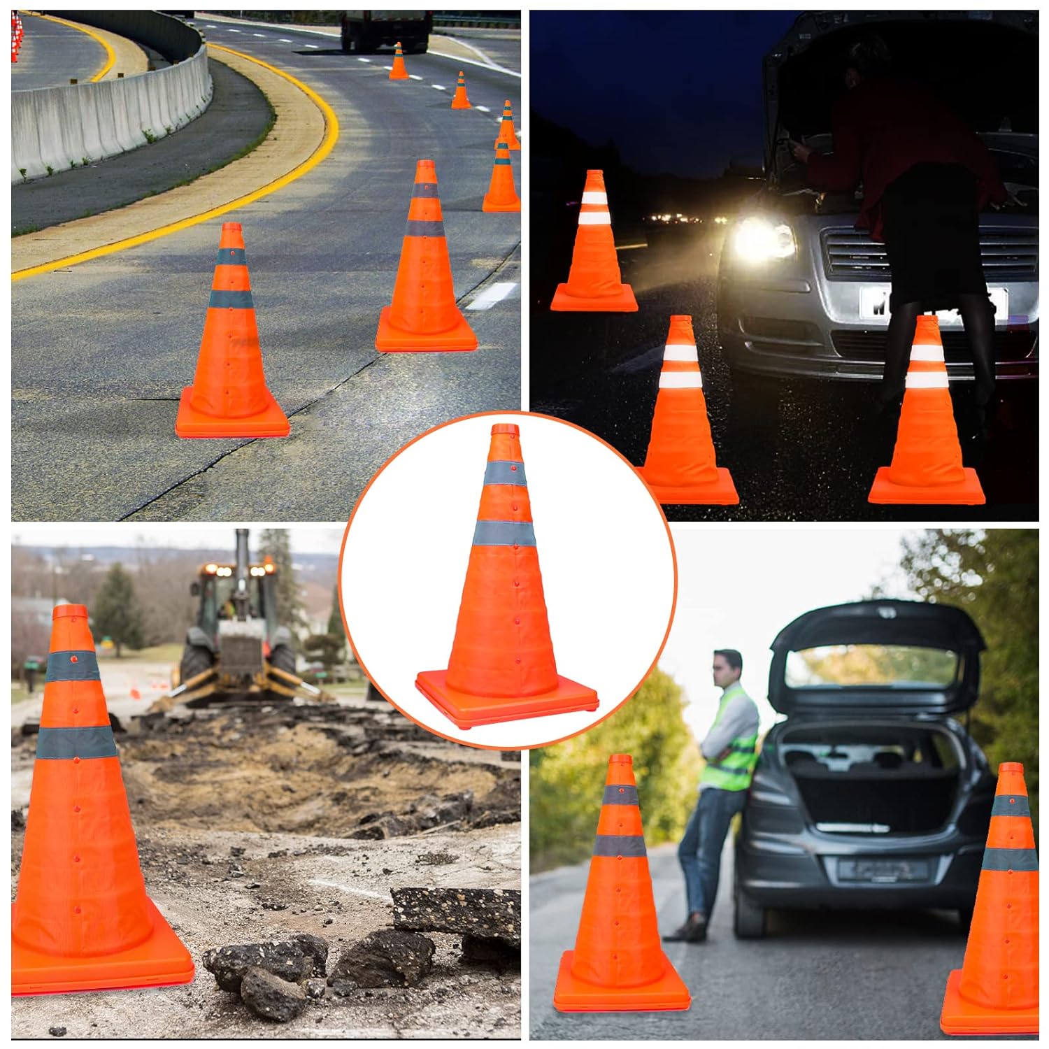 12 in. Collapsible Traffic Safety Cones with Reflective Collar for Road Safety,Orange