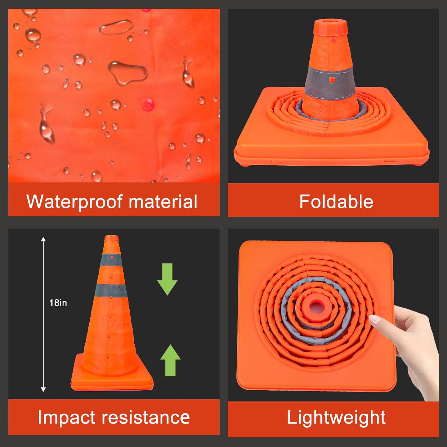 18 in Collapsible Traffic Safety Cones with Reflective Collar for Road Safety,Orange